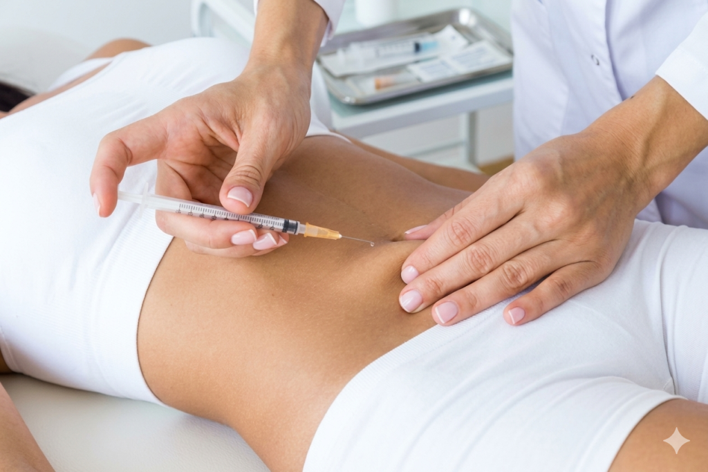 Lipotropic injection treatment for a client in Portland, Oregon, focusing on wellness and localized fat reduction.