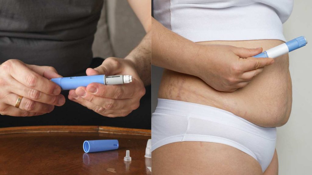 A demonstration of a semaglutide injection being administered via a medical pen. The image shows a patient in Portland, Oregon, preparing the pen and performing a subcutaneous injection into the abdomen for weight management treatment.